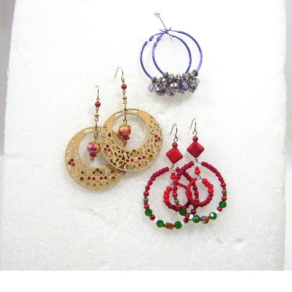 Set of Handcrafted Hoop Earrings Wood rhinestone Accents Red Green Crystals - Picture 1 of 11